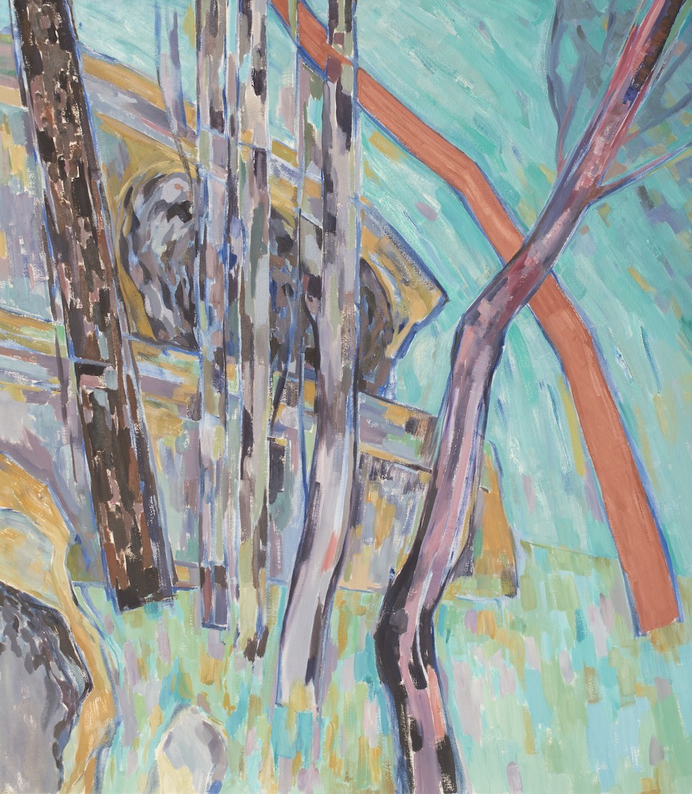 James Barker, Crossed Trees, late 1990s, oil on canvas, unframed 137 x 107cm