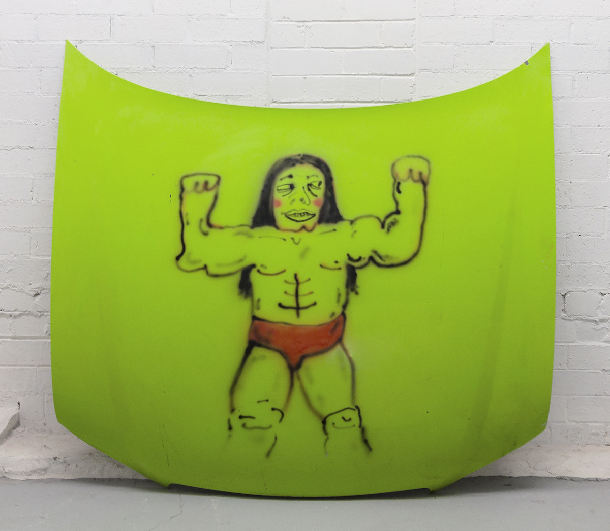 Andriana Carney, lime green, 2021, Spray Paint and Acrylic on Found Car Bonnet,160cm x 145cm Photo Artist Hi Res