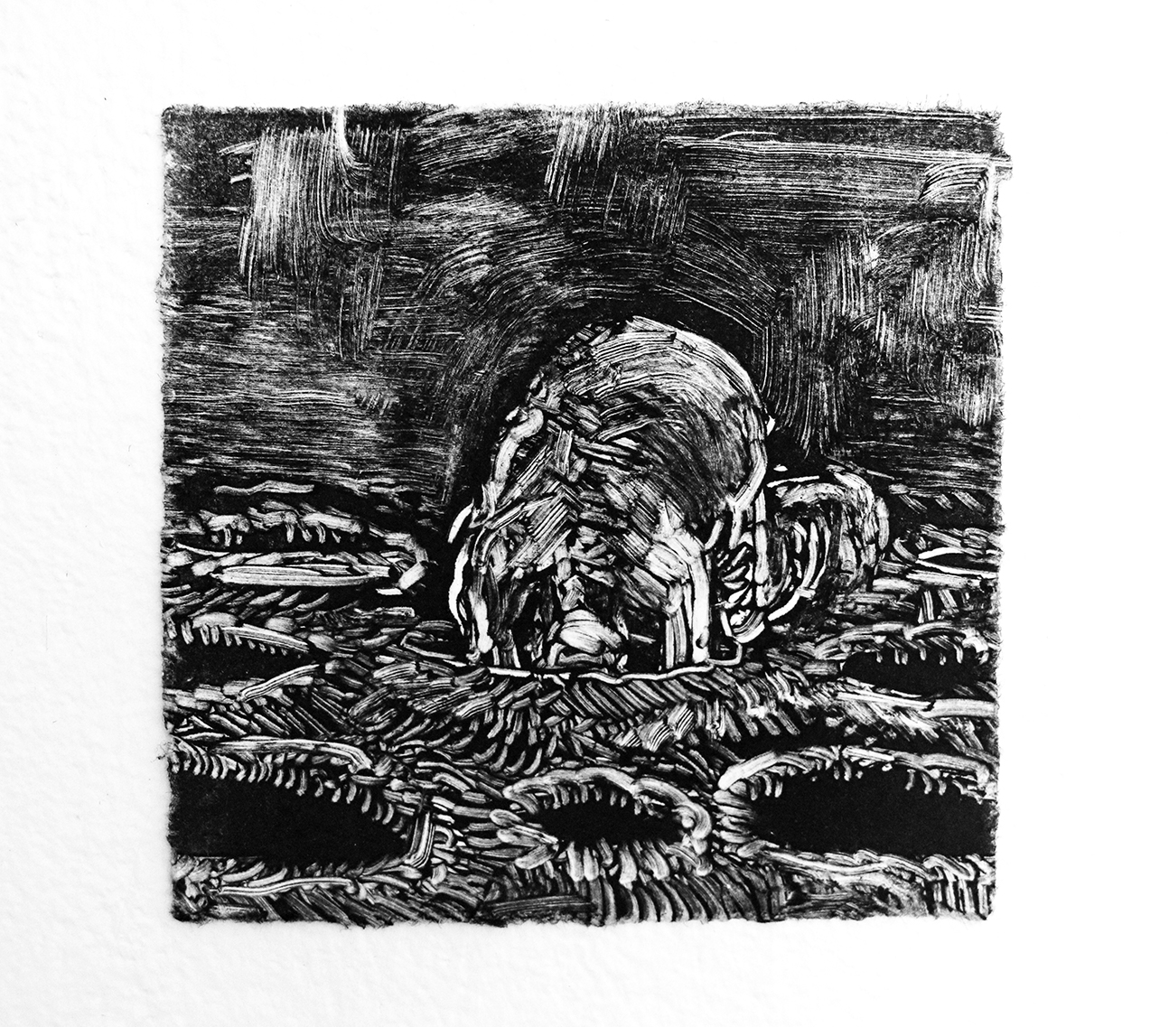 Claire Welch, Digging, 2021, Oil ink on Hahnemuhle paper, 10x10cm, photographed by artist 